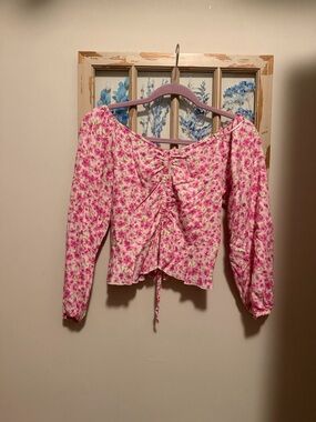 Pink Floral Ruched Long-Sleeve Crop Top